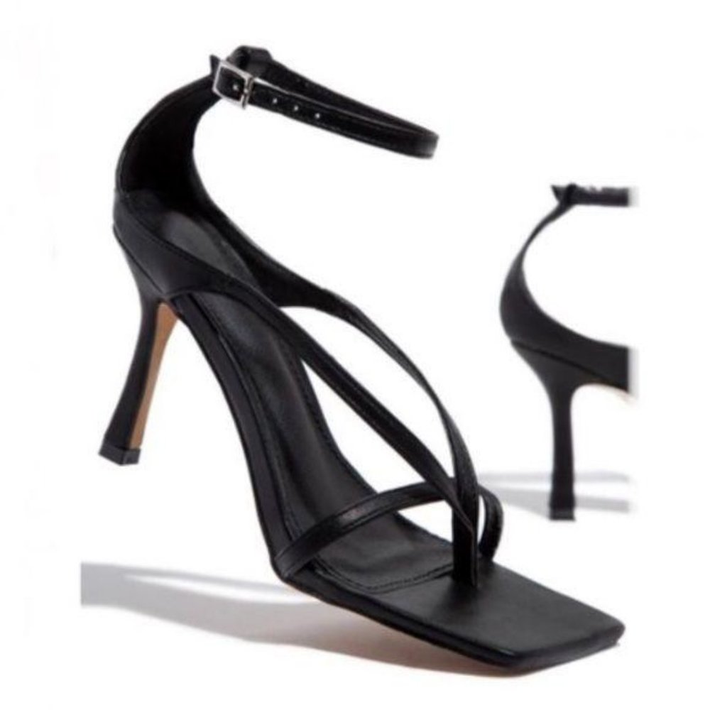 !!NEW!! Square Toe Ankle Wrap Thong Heels – Black - Picture 2 of 12